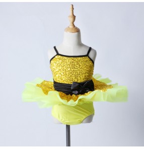 Gold sequins paillette with bowknot patchwork sleeveless girls kids children stage performance leotards tutu skirt ballet dance costumes outfits dresses
